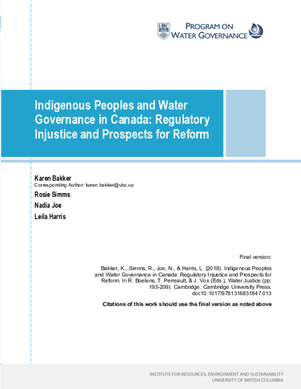 (PDF) Indigenous Peoples and Water Governance in Canada
