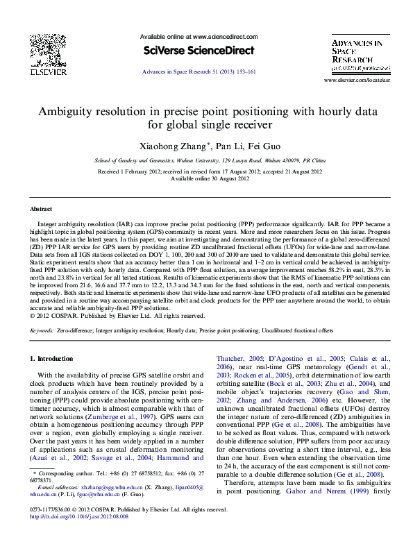 (PDF) Ambiguity resolution in precise point positioning with hourly ...