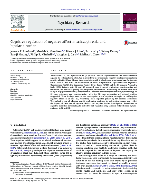 (PDF) Cognitive regulation of negative affect in schizophrenia and ...