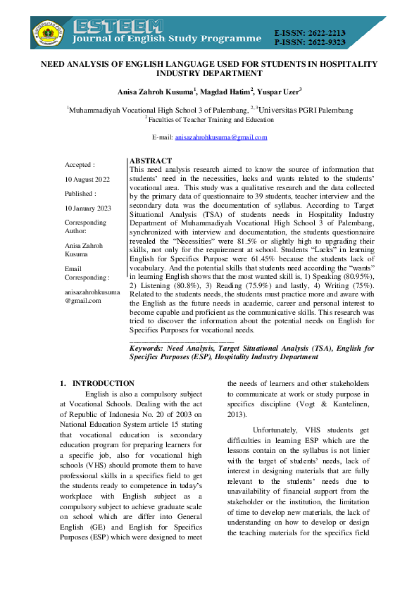 (PDF) Need Analysis of English Language Used for Students in ...