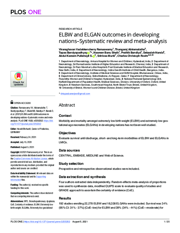 (PDF) ELBW and ELGAN outcomes in developing nations–Systematic review ...