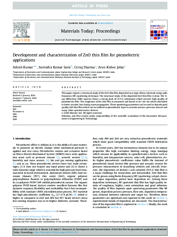 (PDF) Development and characterization of ZnO thin film for ...