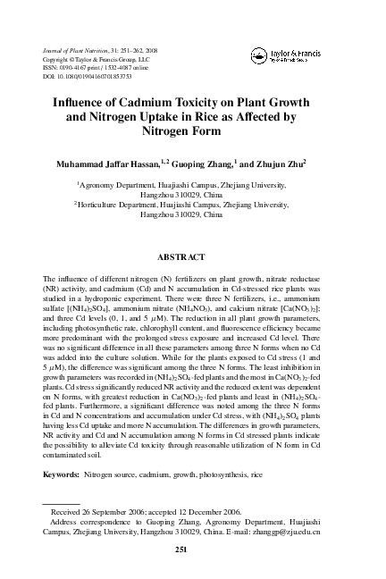 (PDF) Influence of Cadmium Toxicity on Plant Growth and Nitrogen Uptake ...