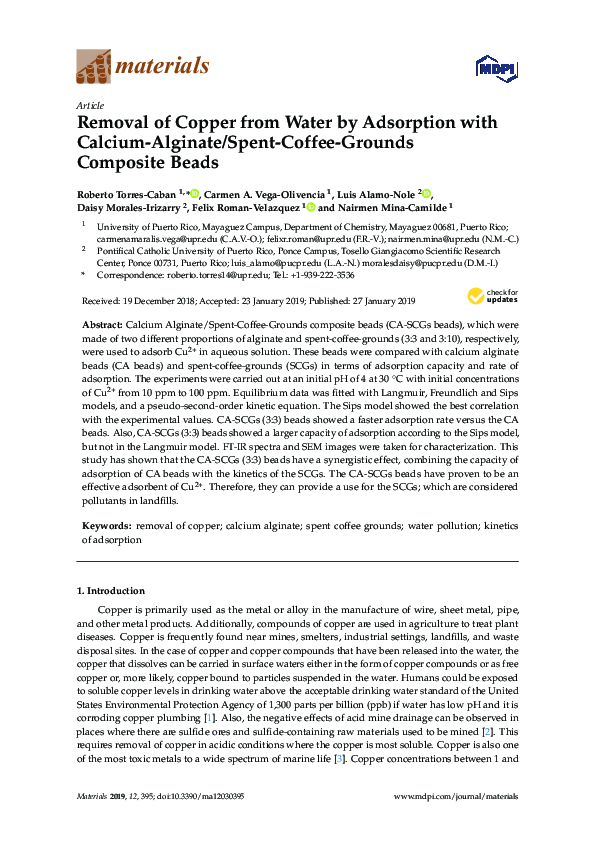 (PDF) Removal of Copper from Water by Adsorption with Calcium-Alginate ...