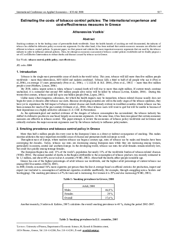 (PDF) Estimating the costs of tobacco control policies The