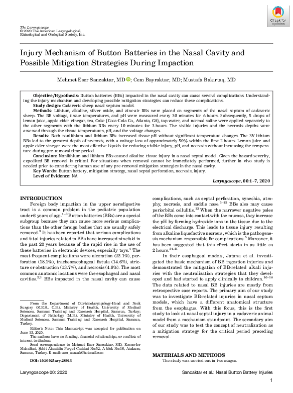 (PDF) Injury Mechanism of Button Batteries in the Nasal Cavity and ...