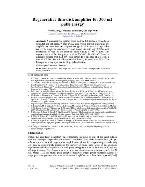 (PDF) Regenerative thin-disk amplifier for 300 mJ pulse energy