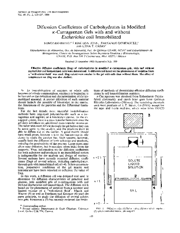 Diffusion coefficients of carbohydrates in modified κ-carrageenan gels with and without Escherichia coli immobilized