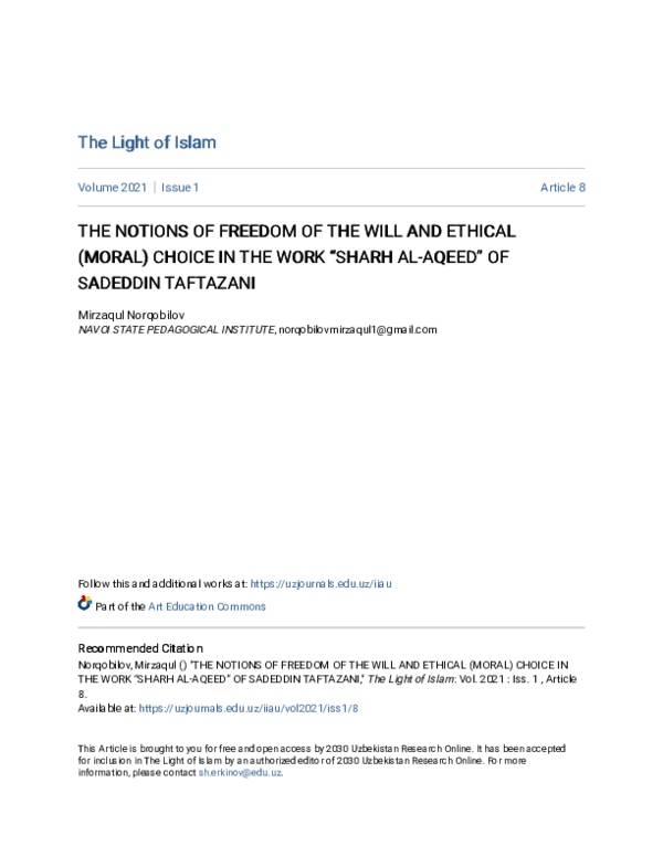 (PDF) The Notion of Free Will and Ethical Choice in the Work “Sharh Al ...