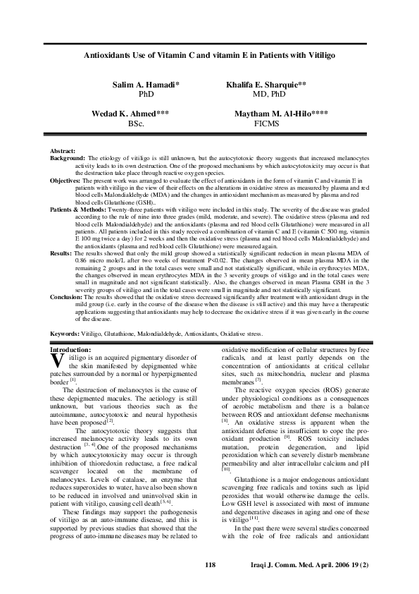 (PDF) Antioxidants Use of Vitamin C and vitamin E in Patients with Vitiligo