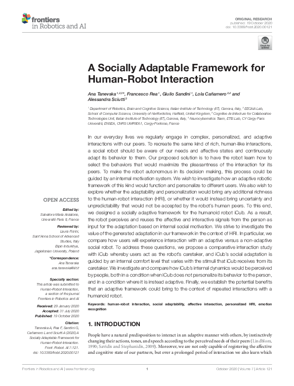 (PDF) A Socially Adaptable Framework for Human-Robot Interaction