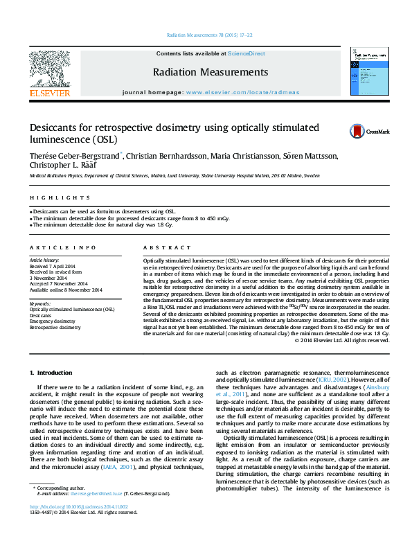 (PDF) Desiccants for retrospective dosimetry using optically stimulated ...