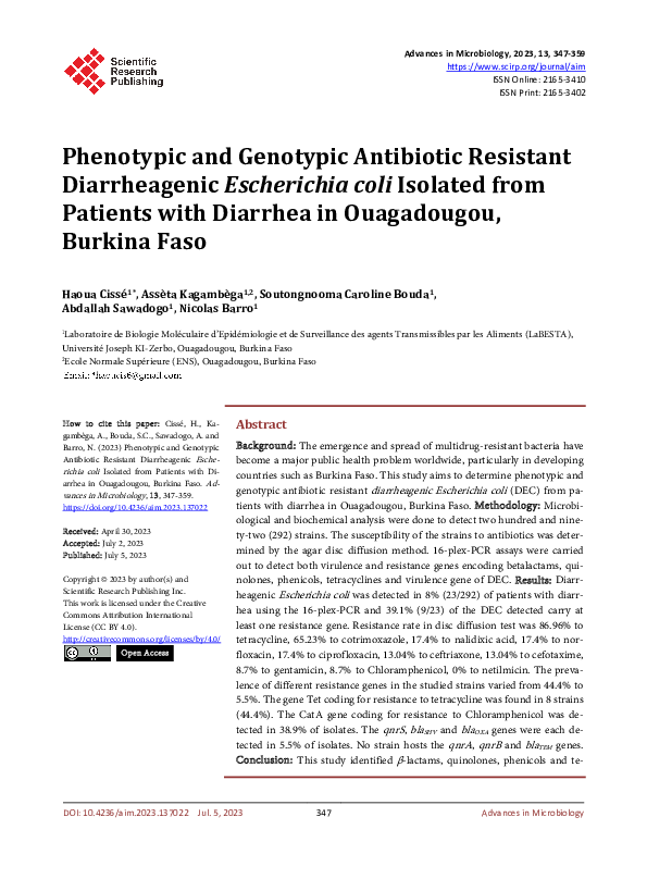 (PDF) Phenotypic and Genotypic Antibiotic Resistant Diarrheagenic ...