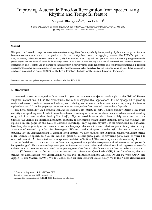 (PDF) Improving Automatic Emotion Recognition from speech using Rhythm ...