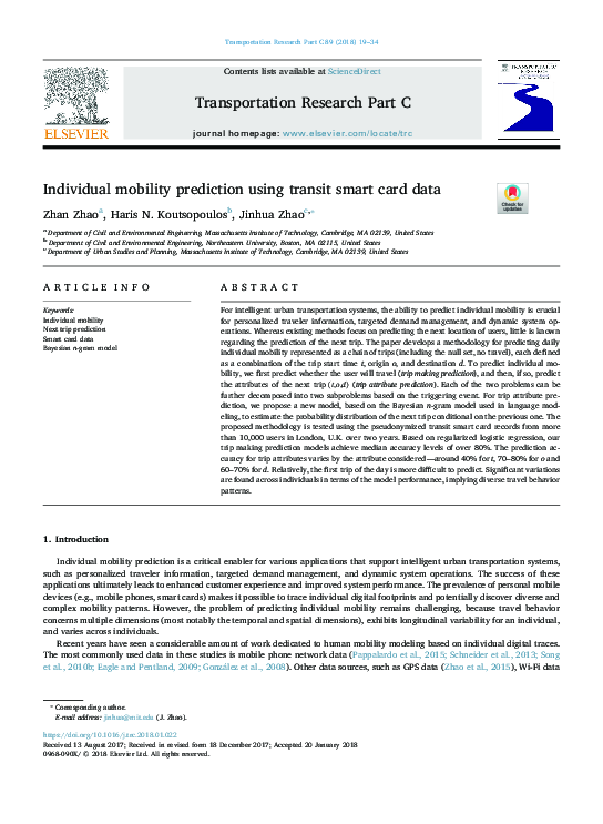 (PDF) Individual mobility prediction using transit smart card data