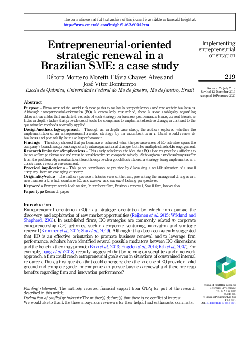 (PDF) Entrepreneurial-oriented strategic renewal in a Brazilian SME: a ...