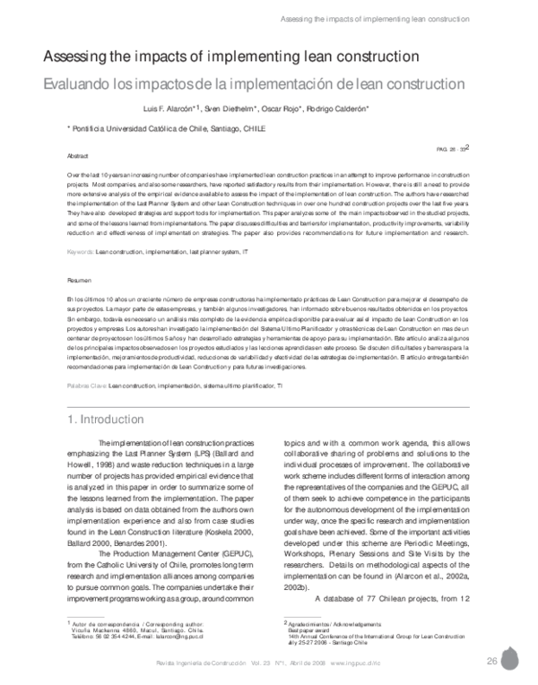(PDF) Assessing the impacts of implementing lean construction Evaluando ...