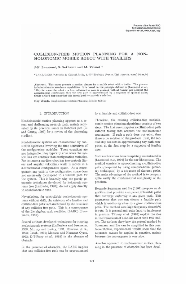 (PDF) Collision-free motion planning for a nonholonomic mobile robot ...