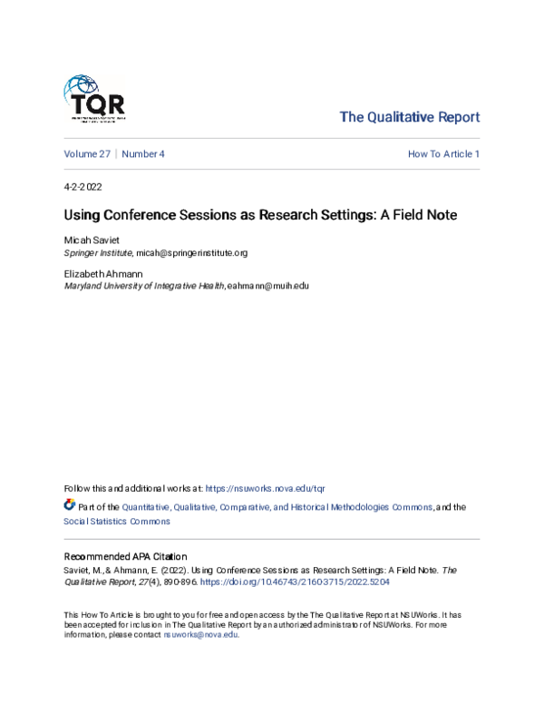 (PDF) Using Conference Sessions as Research Settings: A Field Note