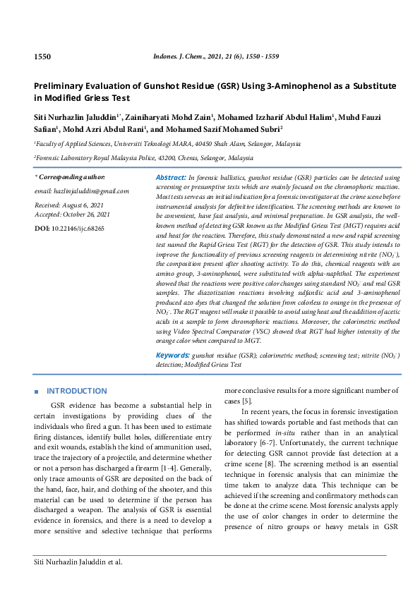 (PDF) Preliminary Evaluation of Gunshot Residue (GSR) Using 3 ...