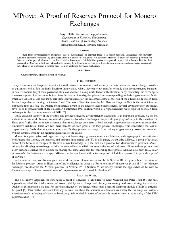 (PDF) MProve: A Proof of Assets Protocol for Monero Exchanges