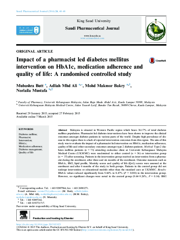 (PDF) Impact of a pharmacist led diabetes mellitus intervention on ...