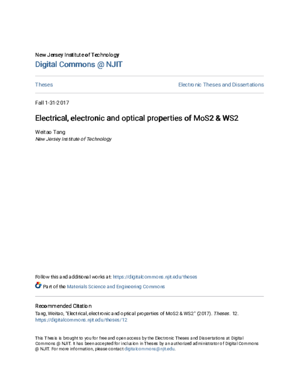 (PDF) Electrical, electronic and optical properties of MoS2 & WS2