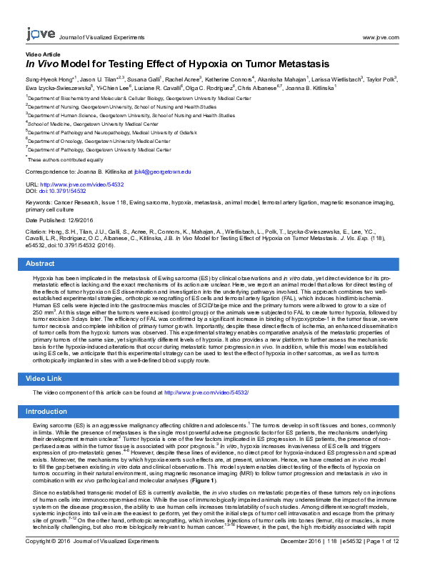 (PDF) In Vivo Model for Testing Effect of Hypoxia on Tumor Metastasis ...