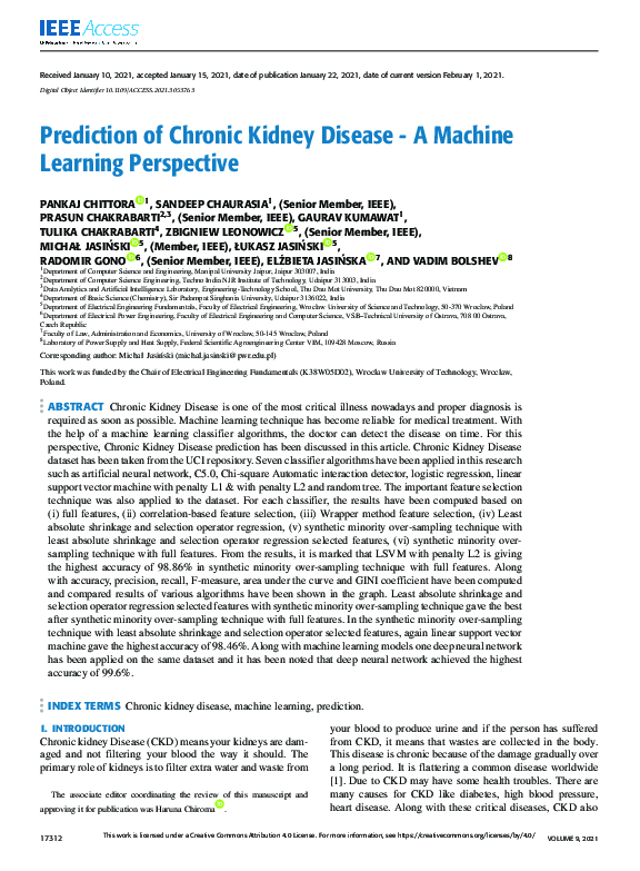 (PDF) Prediction of Chronic Kidney Disease - A Machine Learning Perspective