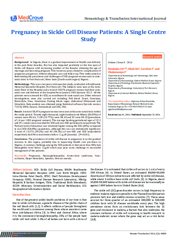 (PDF) Pregnancy in Sickle Cell Disease Patients: A Single Centre Study
