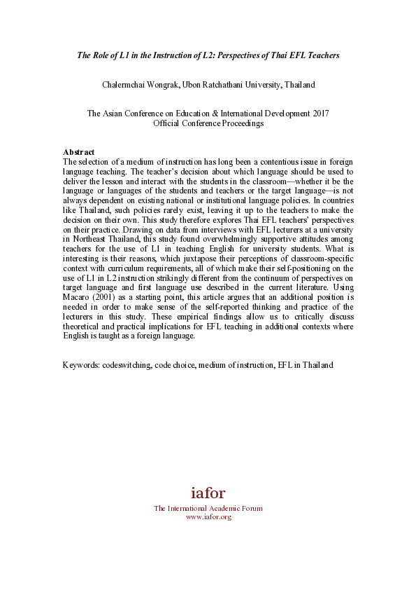 (PDF) The Role of L1 in the Instruction of L2: Perspectives of Thai EFL ...