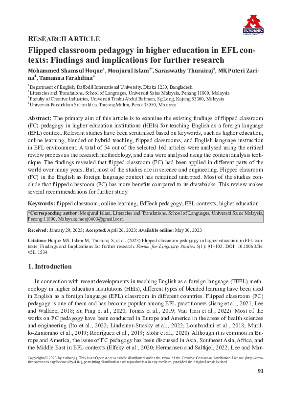 (PDF) Flipped classroom pedagogy in higher education in EFL contexts ...
