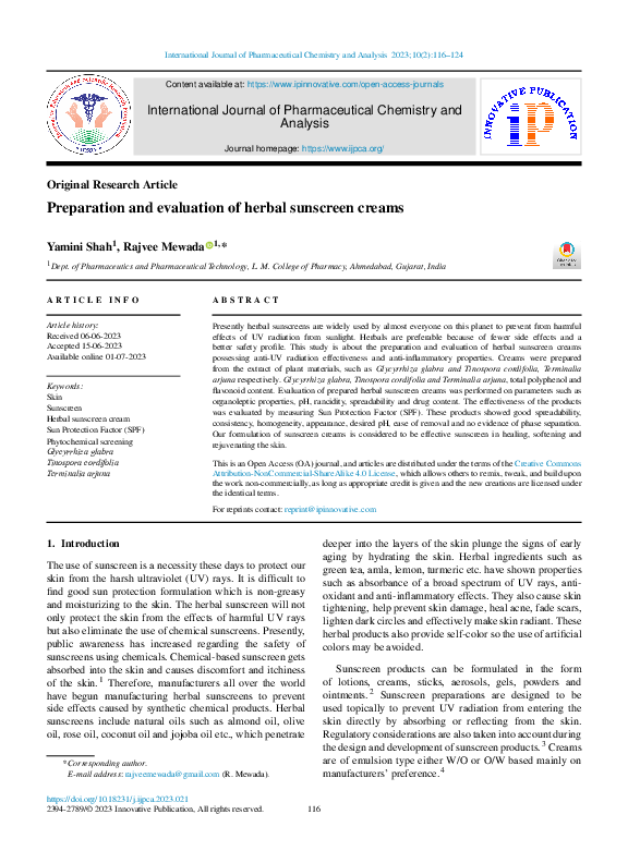 (PDF) Preparation and evaluation of herbal sunscreen creams