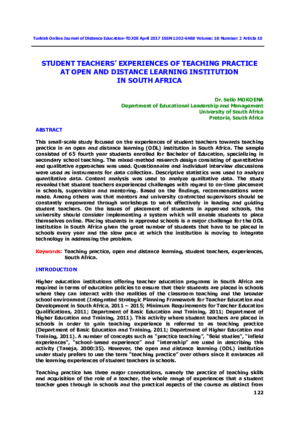 (PDF) Student Teachers’ Experiences of Teaching Practice at Open and ...