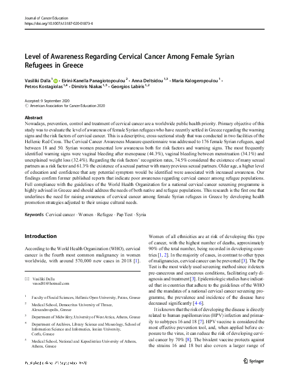 (PDF) Level of Awareness Regarding Cervical Cancer Among Female Syrian ...