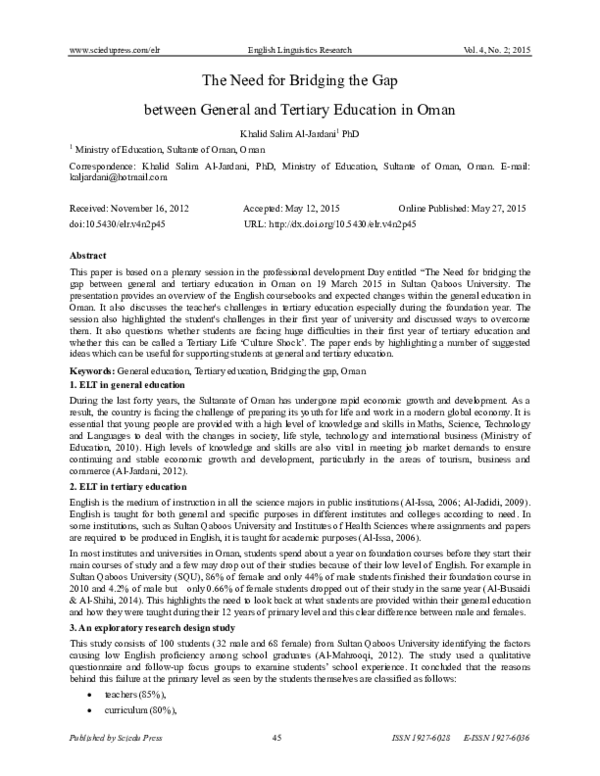(PDF) The Need for Bridging the Gap between General and Tertiary ...