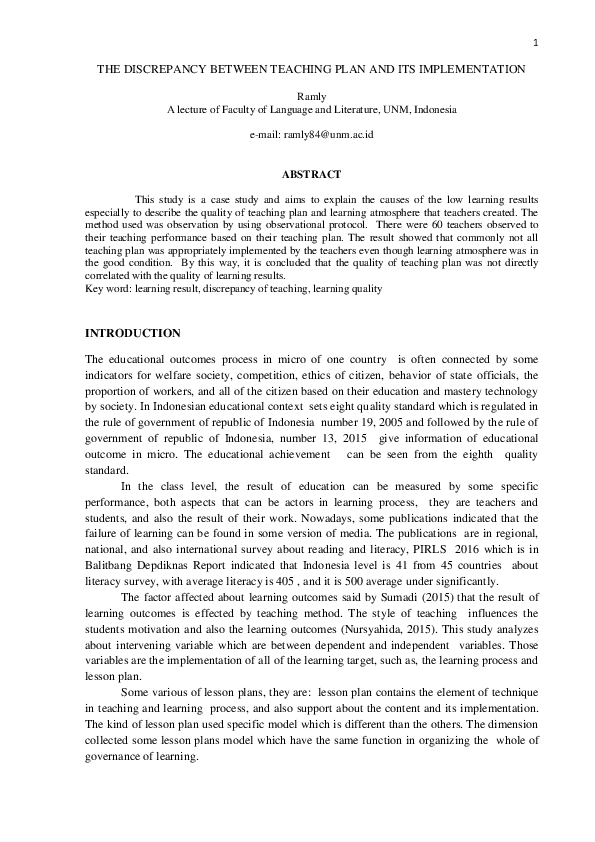 (PDF) The Discrepancy Between Teaching Plan and Its Implementation