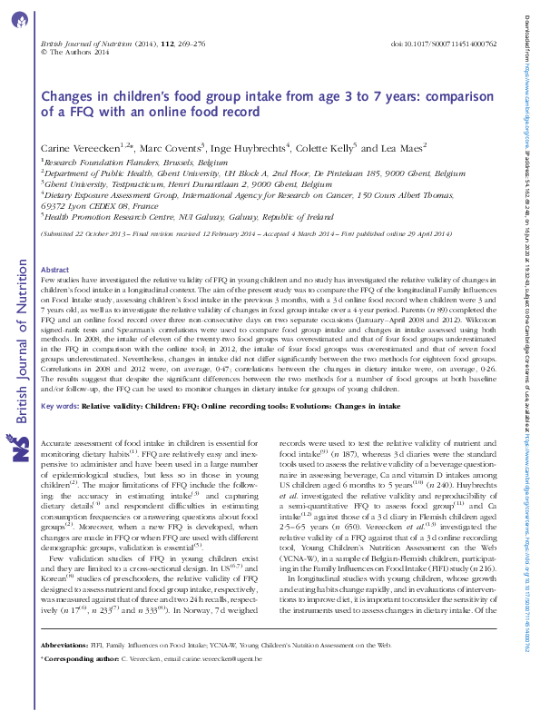 (PDF) Changes in children's food group intake from age 3 to 7 years ...