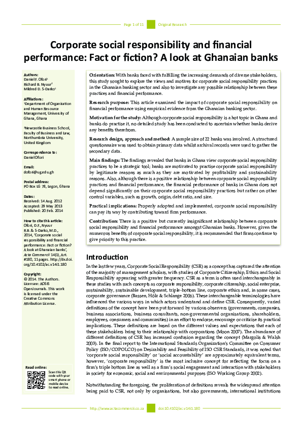 (PDF) Corporate social responsibility and financial performance: Fact ...