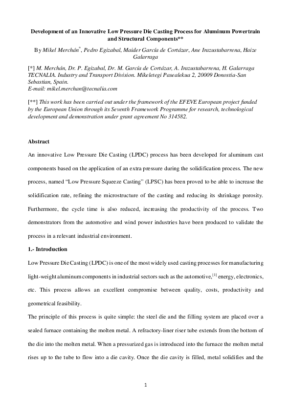 (PDF) Development of an Innovative Low Pressure Die Casting Process for ...