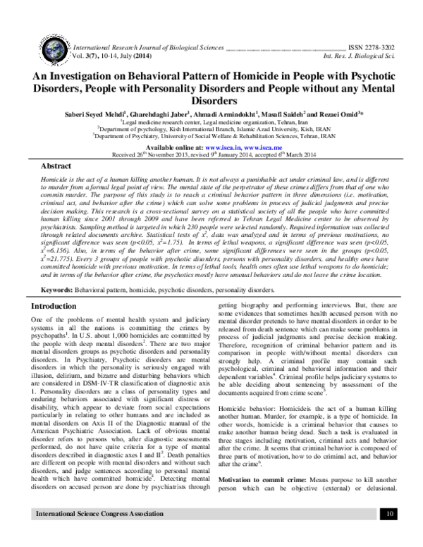 An Investigation on Behavioral Pattern of Homicide in People with Psychotic Disorders, People with Personality Disorders and People without any Mental Disorders