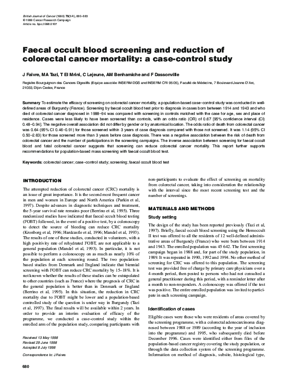 (PDF) Faecal occult blood screening and reduction of colorectal cancer ...