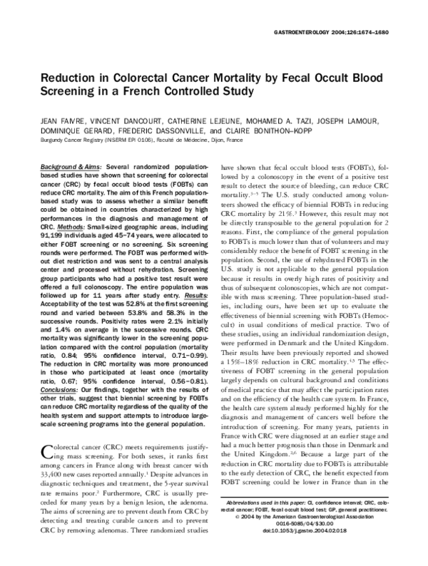 (PDF) Reduction in colorectal cancer mortality by fecal occult blood ...