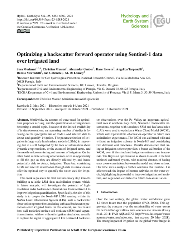 (PDF) Optimizing a backscatter forward operator using Sentinel-1 data ...