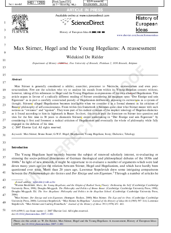 (PDF) Max Stirner, Hegel and the Young Hegelians: A reassessment