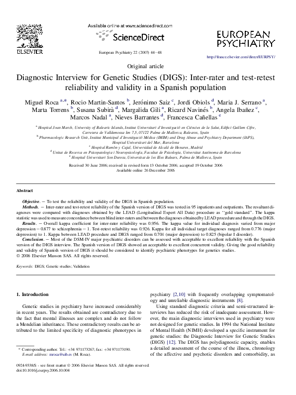 (PDF) Diagnostic Interview for Genetic Studies (DIGS): Inter-rater and ...