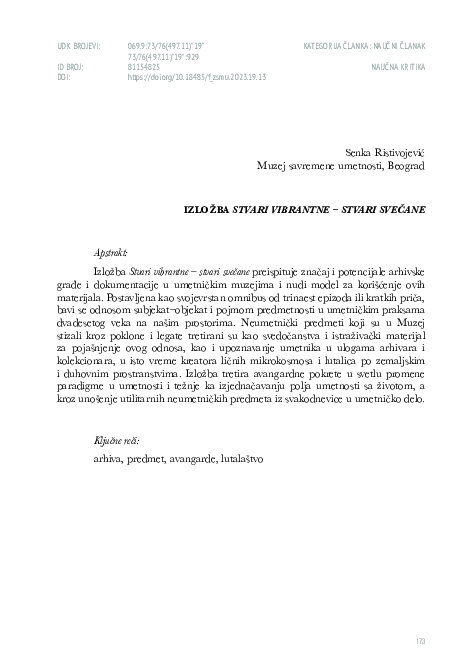 (PDF) Izložba Stvari vibrantne — stvari svečane