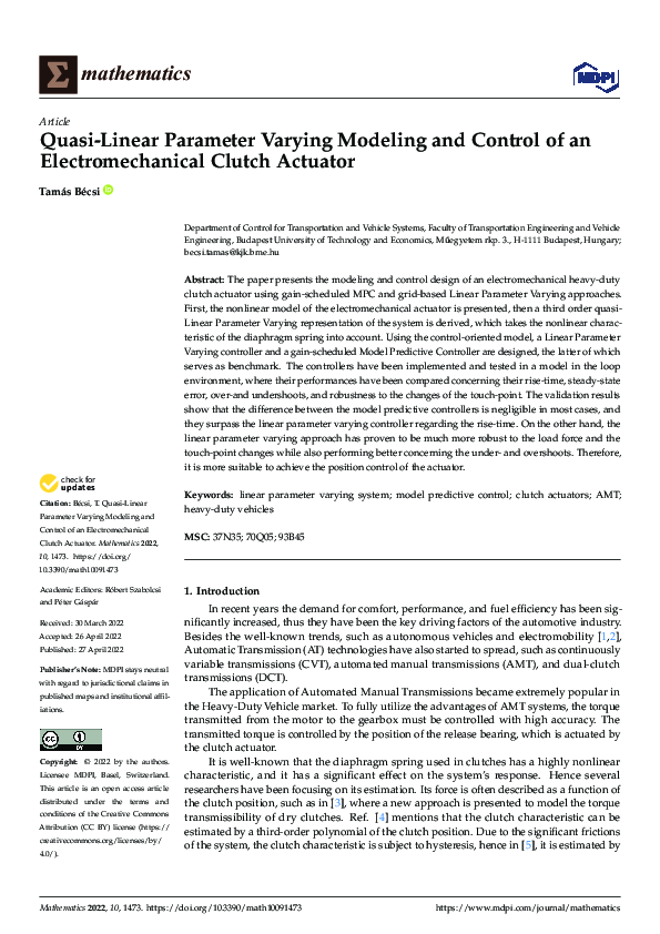 (PDF) Quasi-Linear Parameter Varying Modeling and Control of an ...