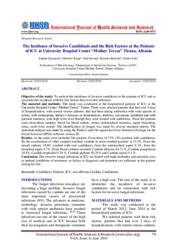 (PDF) The Incidence of Invasive Candidiasis and the Risk Factors at the ...