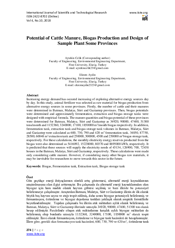 (PDF) Potential of Cattle Manure, Biogas Production and Design of ...